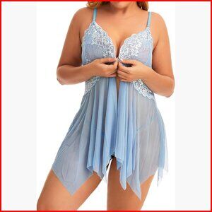 Plus Size Mesh Lace Chemise Front Closure Babydoll Sleepwear Nightie